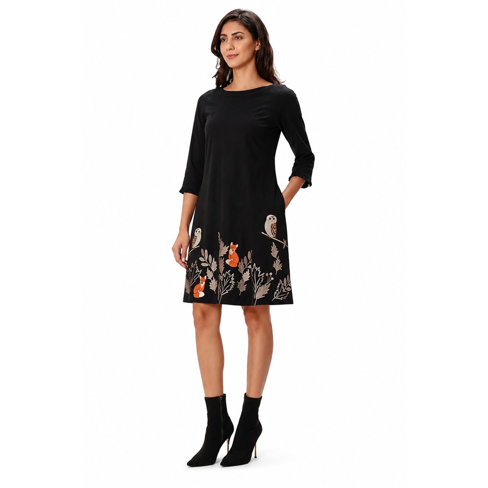 Wayward Fancies eShakti Embroidered Woodland Creatures Midi Dress Black Knit M